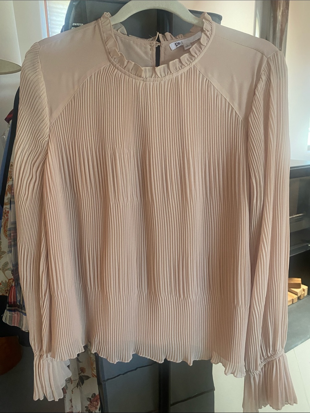 DR2 Blush Pink Pleated Long-Sleeve Ruffle Neck Blouse